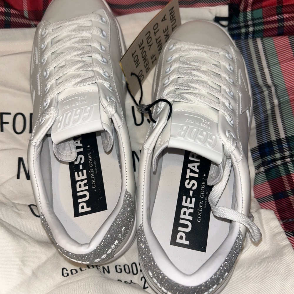 Golden Goose Pure White with glitter heal. Brand new with tags.